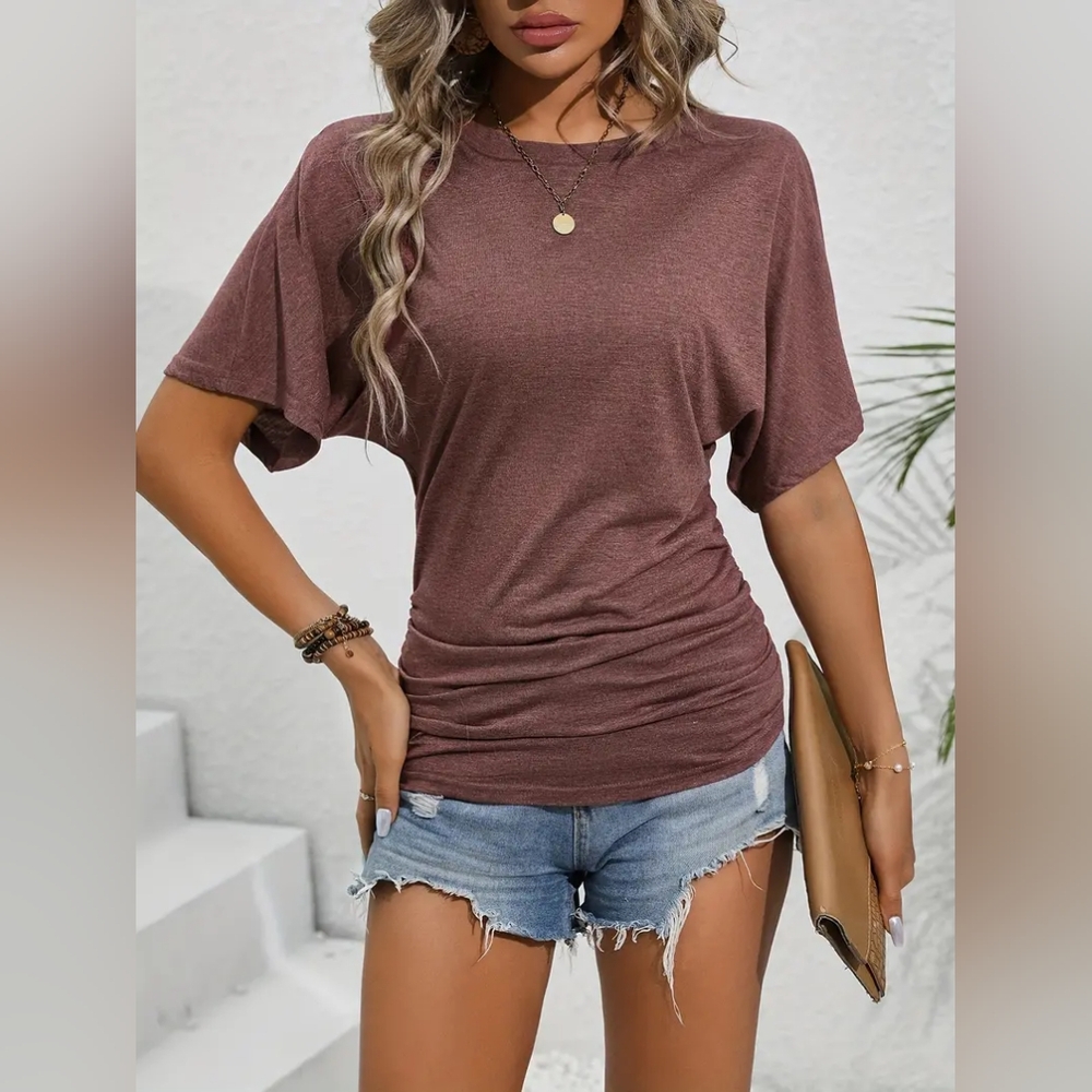 💥NEW Heathered Burgundy Ruched Side Tee